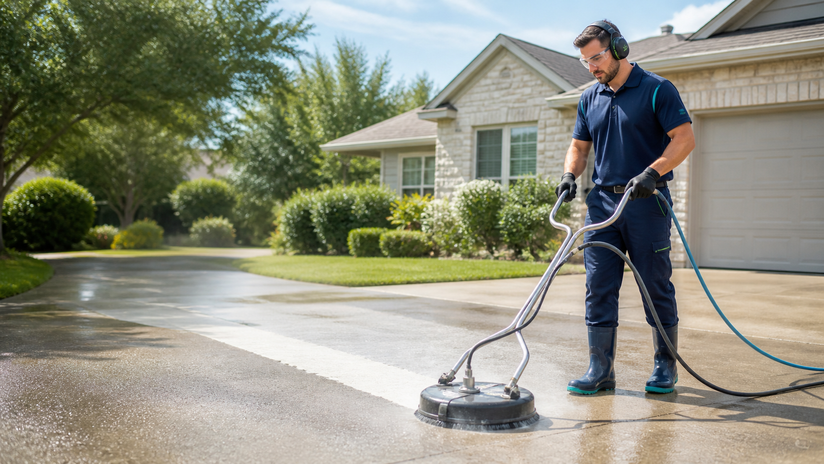 TRF Exterior technician pressure washing a driveway in Boca Raton
